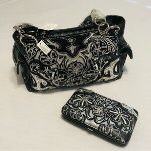 Montana West Western style Handbag with Wallet Set BRAND NEW Black and Silver